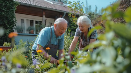 Happy grandfather and grandmother gardening together in the garden of a small suburban house. generative AI