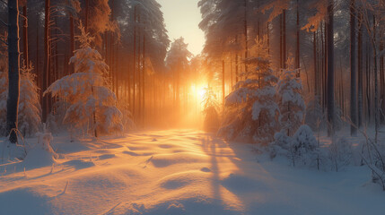 Sunrise in winter forest, Winter landscape in the forest, the rays of the morning sun at sunrise in the frosty fog between the trees, Ai generated image