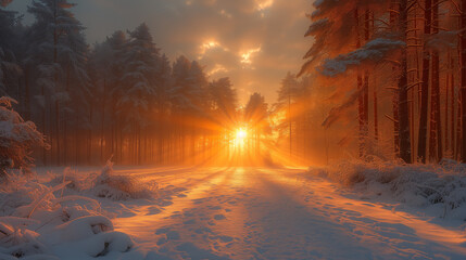 Sunset in the woods, Winter landscape in the forest, the rays of the morning sun at sunrise in the frosty fog between the trees, Ai generated image