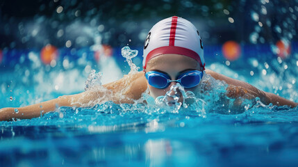 Workout, water splash or woman in swimming pool for competition training, fitness or energy....