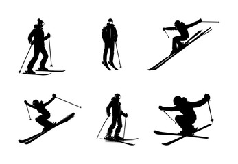 set of skier silhouettes on isolated background
