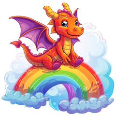 Obraz premium Adorable dragon, cloud, and rainbow, isolated on transparent or white background, png