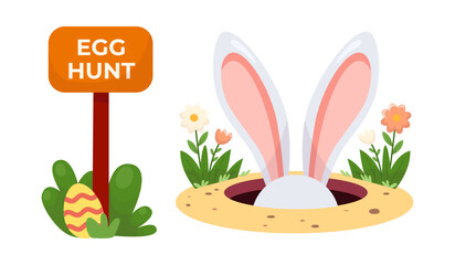 Ears bunny in hole and pointer with Easter egg. Egg Hunt tradition on Easter holiday. Vector illustration 