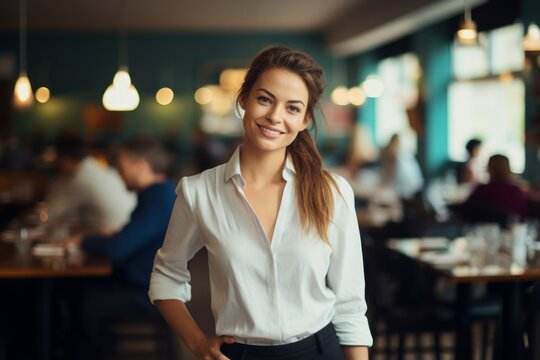 happy woman waiter in restaurant, cafe or bar