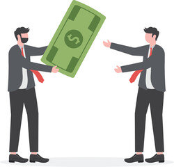 Borrow money from friend, debt and loan, incentive or bonus payment, credit or lending concept, businessman hand giving money banknote to friend's hand.

