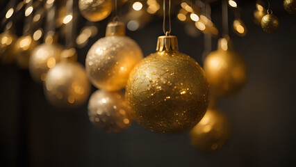 Fototapeta na wymiar Closeup of hanging gold Christmas balls on a black background with Christmas lights in bokeh