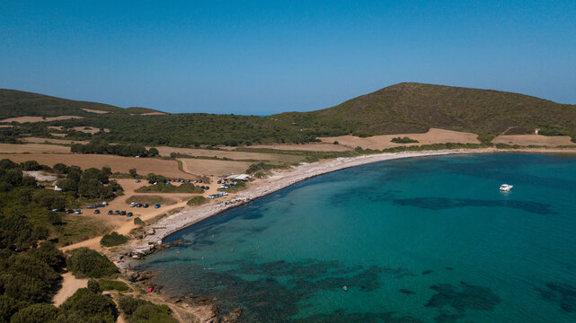 Drone photography of Tamarone beach with turquoise waters in Cap Corse