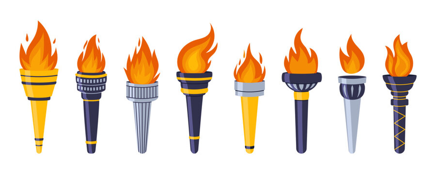 Olimpic Torches with burning fire flame set. Different shapes torch flaming. Symbol competition, sport, games, victory, championship. Vector illustration isolated 