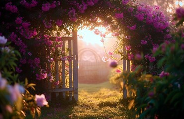 A garden gate framed by blooming flowers, film camera, telephoto lens, golden hour, inviting, color...