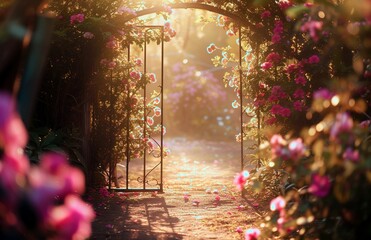 A garden gate framed by blooming flowers, film camera, telephoto lens, golden hour, inviting, color...