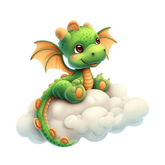 Cute baby 3d dragon seat on a cloud isolated on a transparent or white background, png