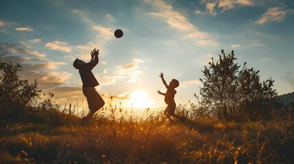 Silhouetted against the setting sun, a father and child share a joyful moment playing catch in a rustic field.