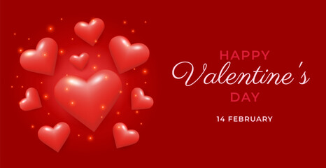 Happy Valentine's Day Red Hearts banner. 3d Shiny symbol love. Romantic glossy holiday template. Vector illustration