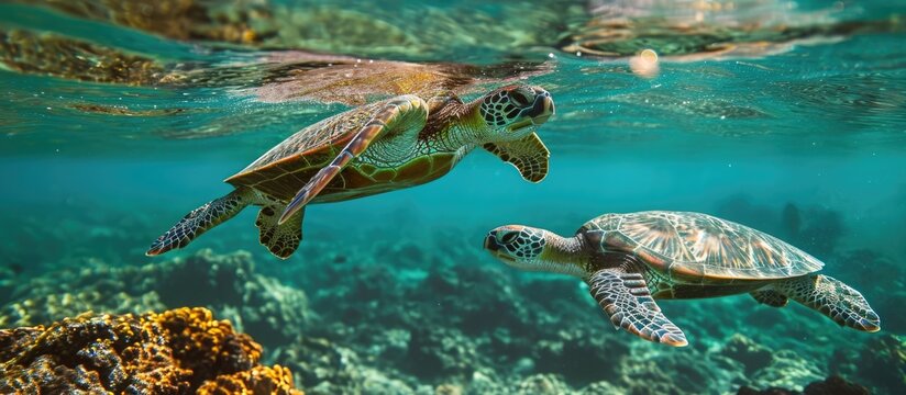 Hawaii's green sea turtles swimming in the ocean.