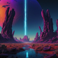 A futuristic landscape with a stream and a giant planet - obrazy, fototapety, plakaty