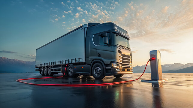 camion &eacute;lectrique en train de charger sur une borne de recharge
