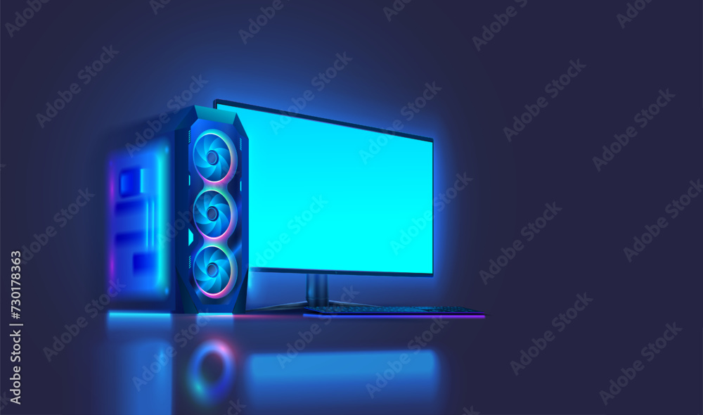 Poster Modern powerful game desk computer in dark. Luminous case of gaming PC with an empty monitor, keyboard on desk. Neon light of gaming PC. Desktop computer with blank screen. Gamer Rig with rgb lights.