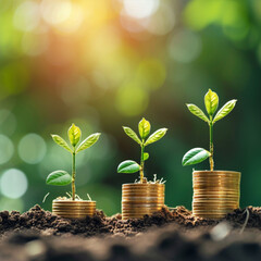 Money Growth Concept - Plants On Coin Stacks In Increase ai technology