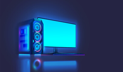 Modern powerful game desk computer in dark. Luminous case of gaming PC with an empty monitor, keyboard on desk. Neon light of gaming PC. Desktop computer with blank screen. Gamer Rig with rgb lights.