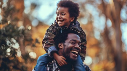 The son enjoys a piggyback ride on his father's shoulders, their laughter echoing through the air. - obrazy, fototapety, plakaty