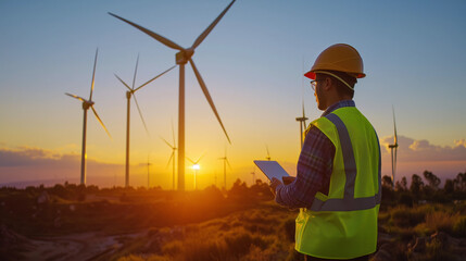 An engineer in a reflective vest and hardhat is inspecting a tablet with wind turbines in the background during sunset working on wind energy construction , Generative AI 