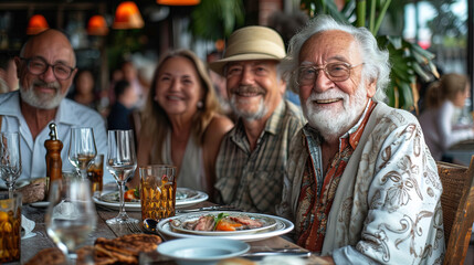 Handsome smiling mature man with grey hair sits at a restaurant table celebrating with friends Or family, surrounded people, Smiling at joyful dining