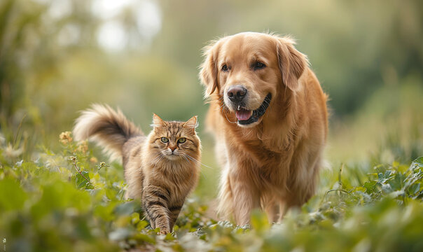 Happy golden retriever dog walking with a cute cat on a green large size field with natural sunlight .