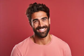 Portrait of a handsome young man smiling and looking at camera against red background