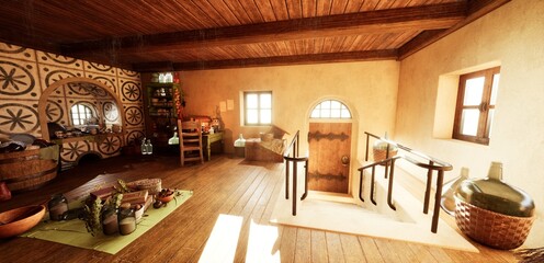 3D illustration of a cozy, rustic cottage interior with traditional decor, wooden furniture, and an inviting, well-lit atmosphere.