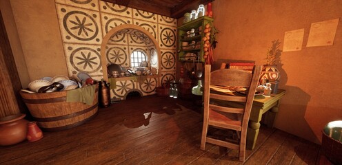 3D illustration of a cozy, rustic kitchen with a wooden chair, table set for one, and various food items. Warm lighting enhances the homely atmosphere.