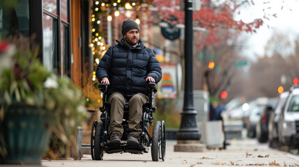 Obraz premium Handicapped or old adult man navigates a sidewalk in an electronic wheelchair, city lights in the backdrop Quality of life and impairment concept.