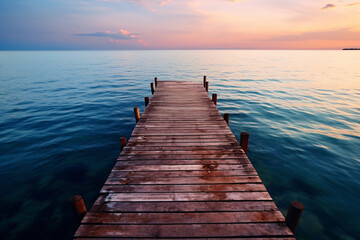 Fototapeta premium Wooden pier in the water, glowing seascape style, richly colored sky, light blue and bronze