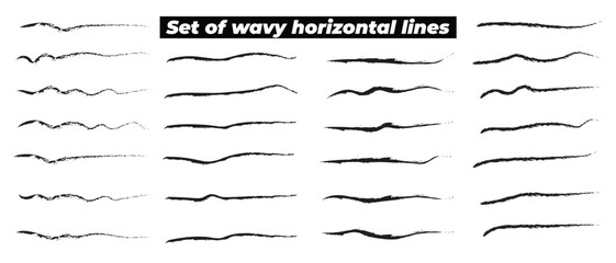 Set of wavy horizontal lines. Marker hand-drawn line border set and scribble design elements. Lines hand drawn paint brush stroke. Vector set isolated on white. Hand drawn scribble .Black ink 4 3 3