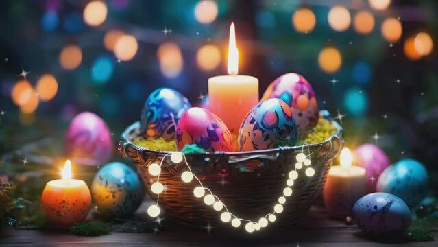 easter background, colorful colored egg basket with candle is perfect for easter background, Seamless looping 4k video background