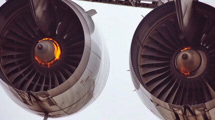 Two aircraft engines with flames inside against the background of a light sky