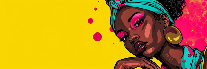 Vintage pop art illustration of an African American woman in vibrant colors with copy space for text