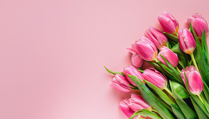 tulips bouquet on pink background with copyspace