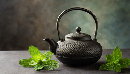 Obraz na płótnie Canvas Black iron Asian teapot with sprigs of mint for tea