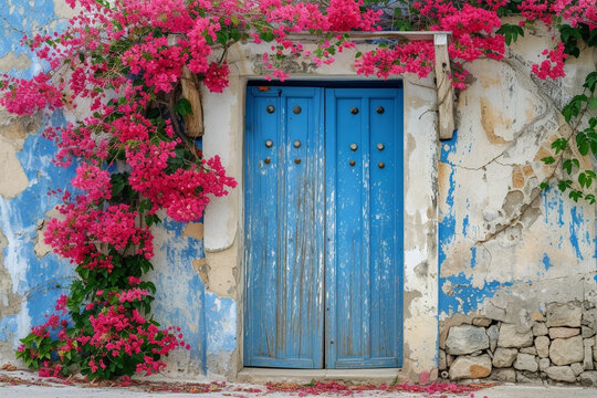 Weathered blue door and bougainvillea tree on Crete street