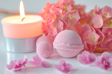 Naklejka na ściany i meble Orange pink bath bombs with hortensia on white table, lit candle