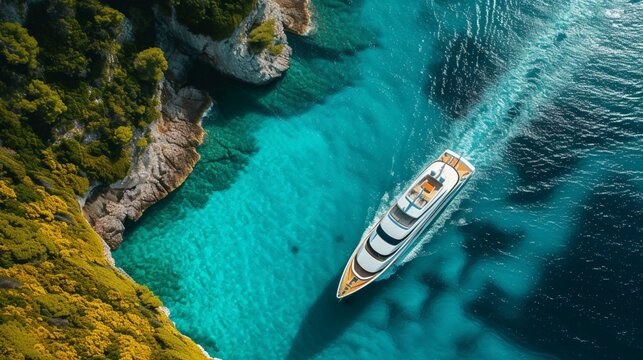  A luxury yacht sailing gracefully on turquoise waters.
