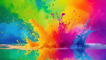 colorful rainbow holi paint color powder explosion isolated white wide panorama background - obrazy, fototapety, plakaty