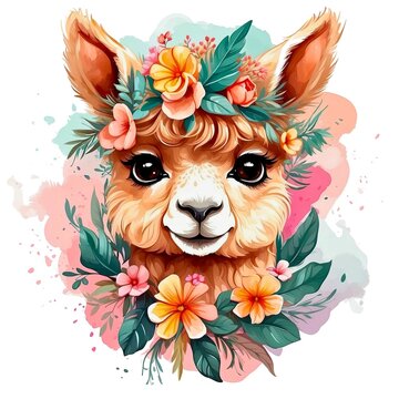 Watercolor illustration portrait of a cute adorable alpaca with flowers on isolated white background.
