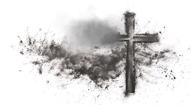 Ashes cross on white background. Funeral, cremation, liturgy, religious ceremony concept
