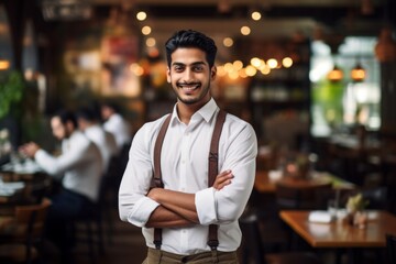 Fototapeta premium happy indian man waiter in restaurant, cafe or bar