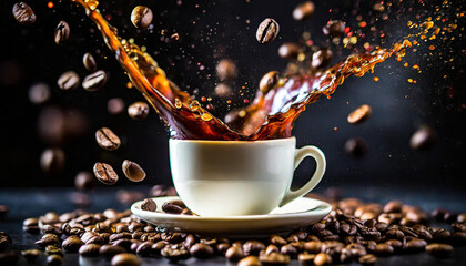 Cup of coffee splashing and coffee beans flying in the air on black background