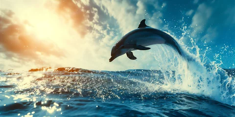Selbstklebende Fototapeten dolphin jumping out of water in the open sea at sunset © Maizal