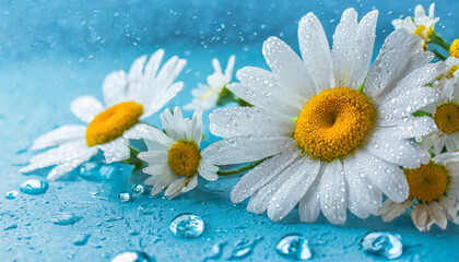 Fototapeta na wymiar Floral banner with chamomiles and water drops on blue background