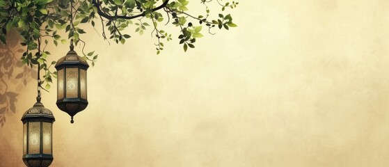 Garland with lanterns and moon adorn a festive Islamic backdrop Moroccan lanterns at night. Glittering party garlands. Ramadan kareem, Eid Mubarak. Eastern holiday design on beige background.