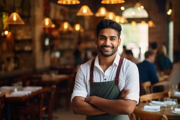 happy indian man waiter in restaurant, cafe or bar